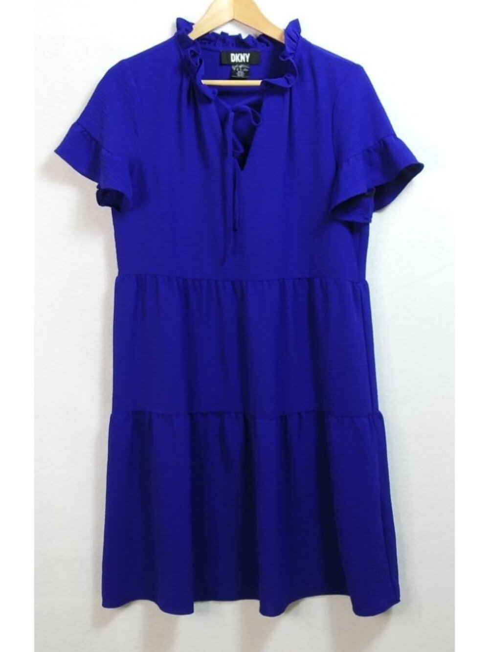 DKNY Royal Blue Ruffle Neck Tiered Dress Size 8 Flutter Sleeve Shift Dress - Picture 2 of 6